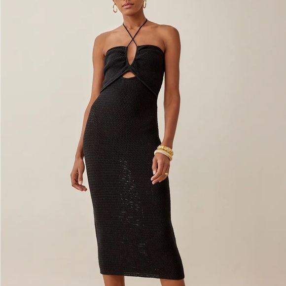 NWT Reformation Venete Halter Cross Cutout Open Knit Midi Dress Black - Picture 1 of 14